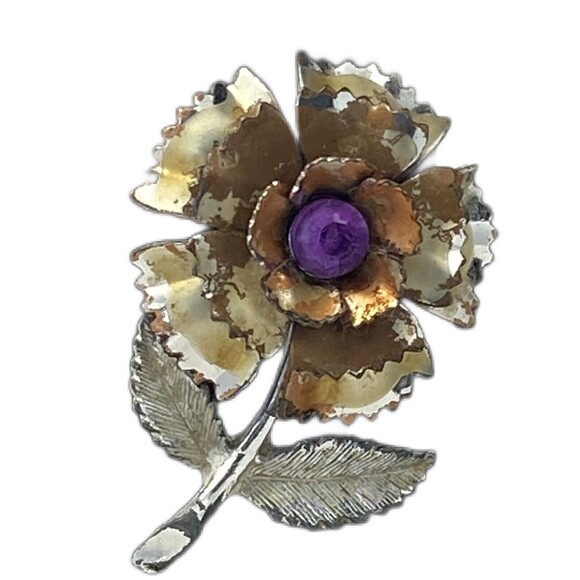 Vintage 1950 Rose Brooch Silver Tone Simulated Garnet for Repair or Restoration - Picture 5 of 11